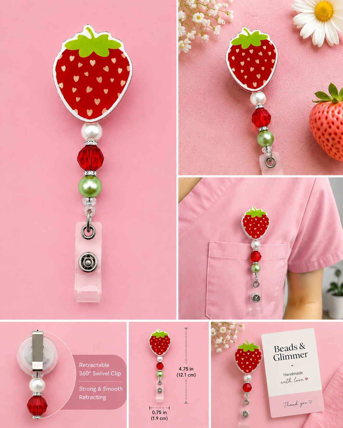 Strawberry Heart Badge Reel - Handmade Beaded Retractable ID Holder