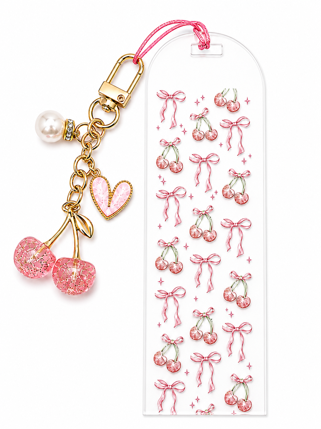 Coquette Cherry Bow Acrylic Bookmark - Handmade Pink Girly Bookmark with Glitter Cherry Charm