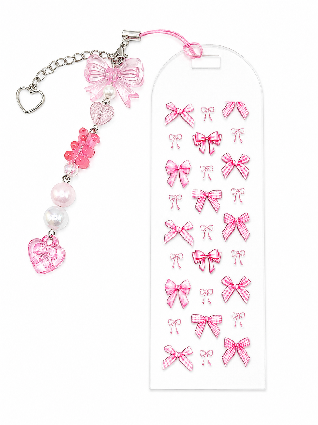 Blush Gingham Bow Bookmark with Charm - Pink Coquette Bow Acrylic Bookmark