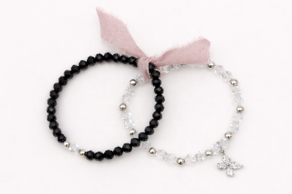 Black & Clear Crystal Bracelet Set with Butterfly Charm