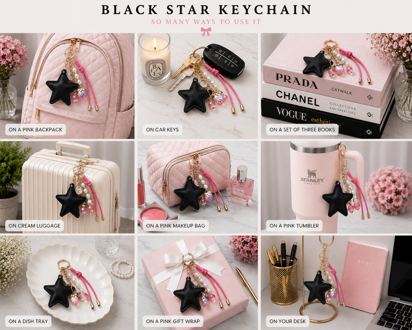 Black Star Faux Leather with Strawberry Charm and Gold Hardware Star - Cute Keychain and Bag Charm