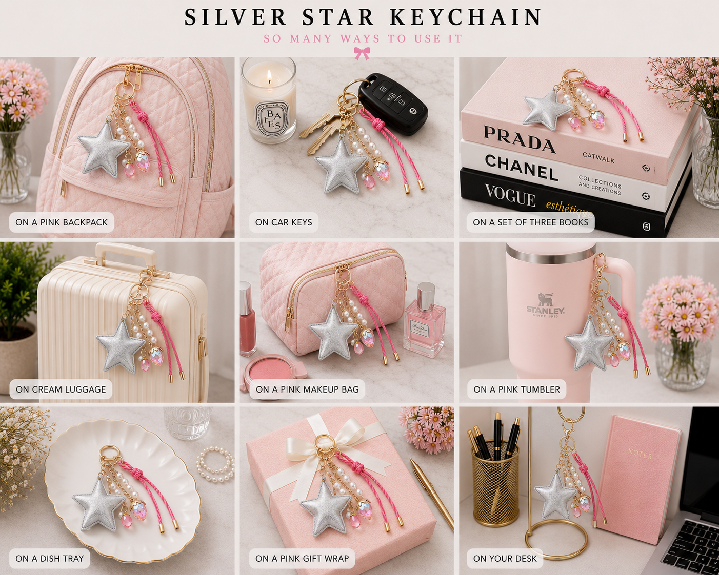 Silver Star Faux Leather with Strawberry Charm and Gold Hardware - Cute Keychain and Bag Charm
