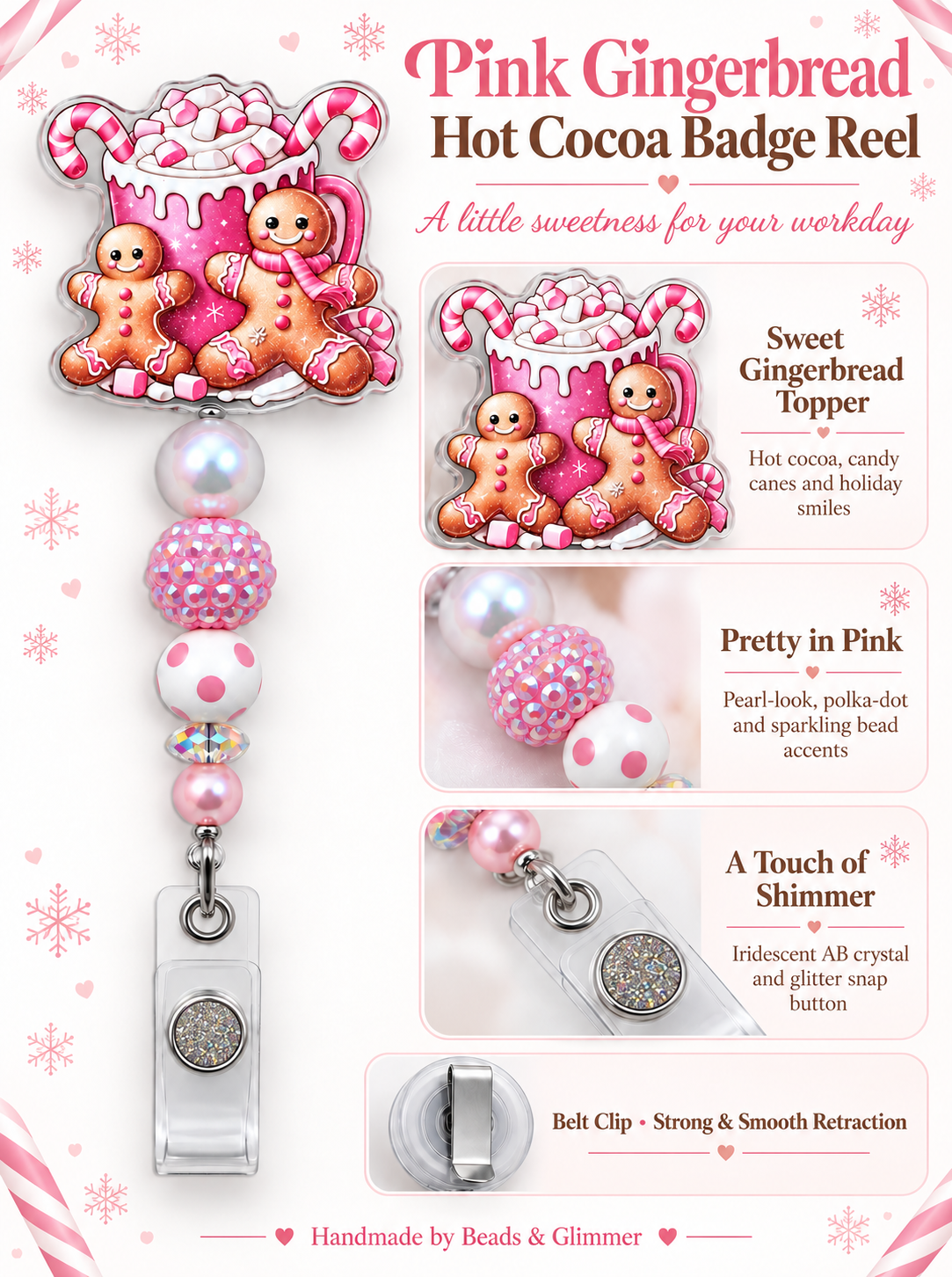 Pink Gingerbread Hot Cocoa Beaded Badge Reel