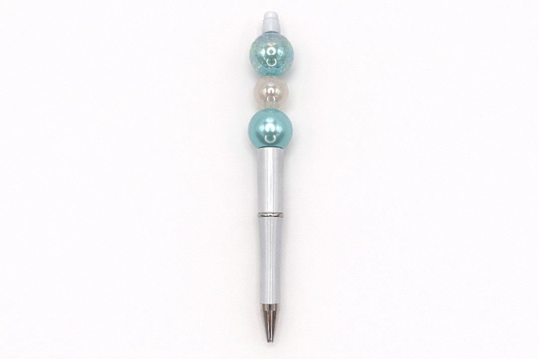 Mermaid Glow Beaded Pen – Iridescent Teal & Sparkly Beads - Coastal Chic Writing Pen with White Barrel