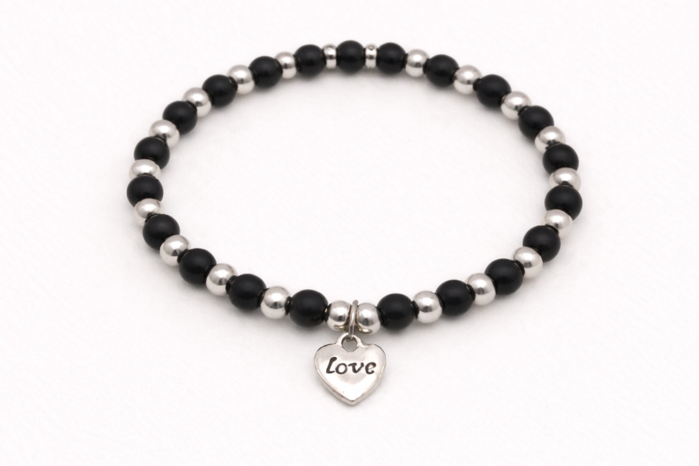 Women’s Black Onyx Bead Bracelet with Love Charm and Round Spacers| 6mm Stretch Bracelet
