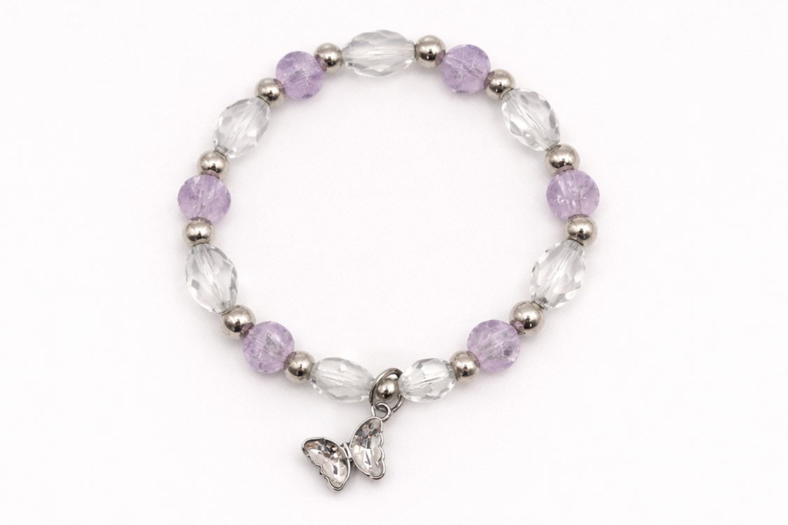 Purple Crackle Glass Bead Bracelet with Clear Faceted Beads & Butterfly Charm