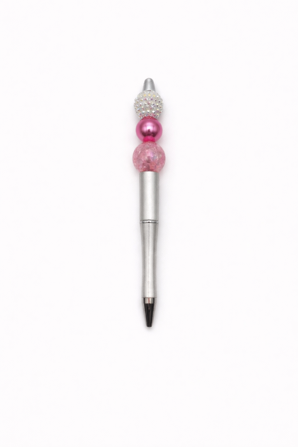 Pink Frost Glam Pen – Iridescent Rhinestone, Hot Pink Pearl & Cracked Glass Beads on Silver Barrel