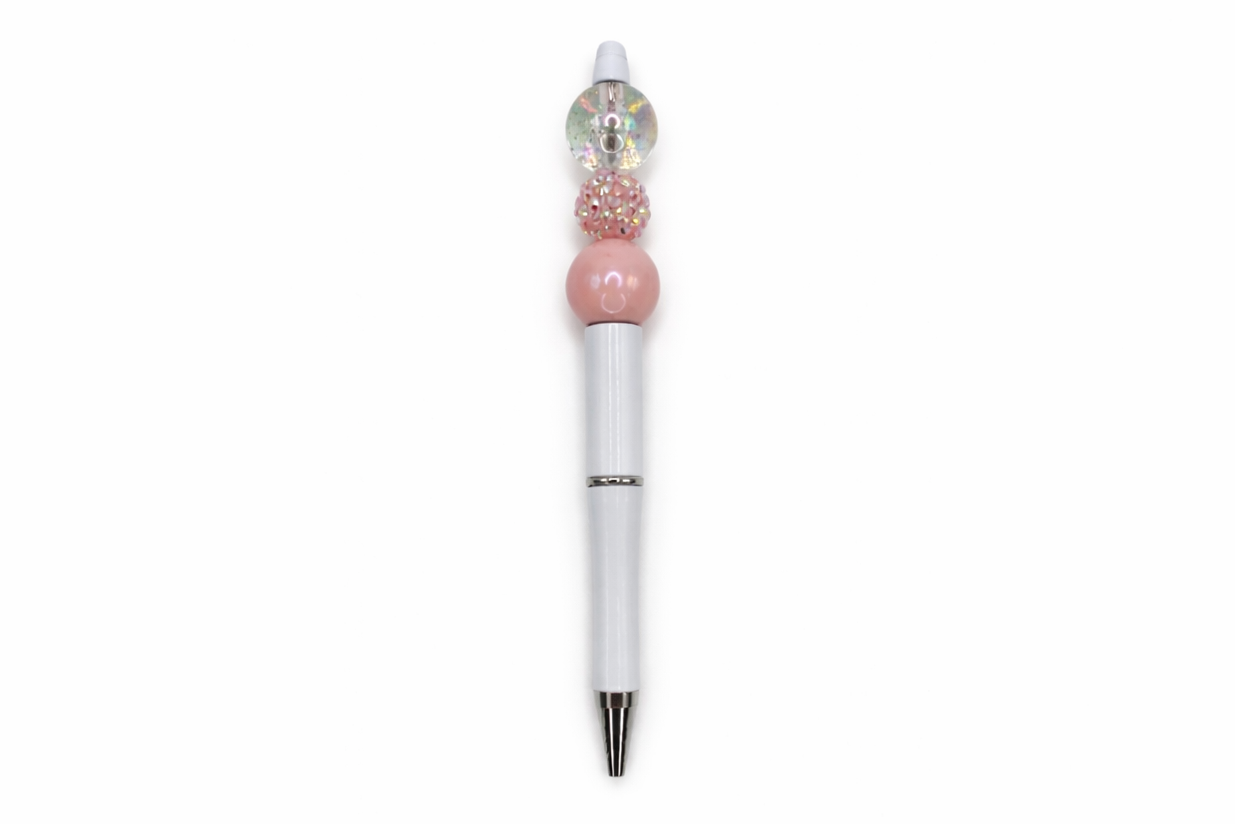 Pink Opal Sparkle Beaded Pen - Refillable White Barrel Luxury Writing Pen