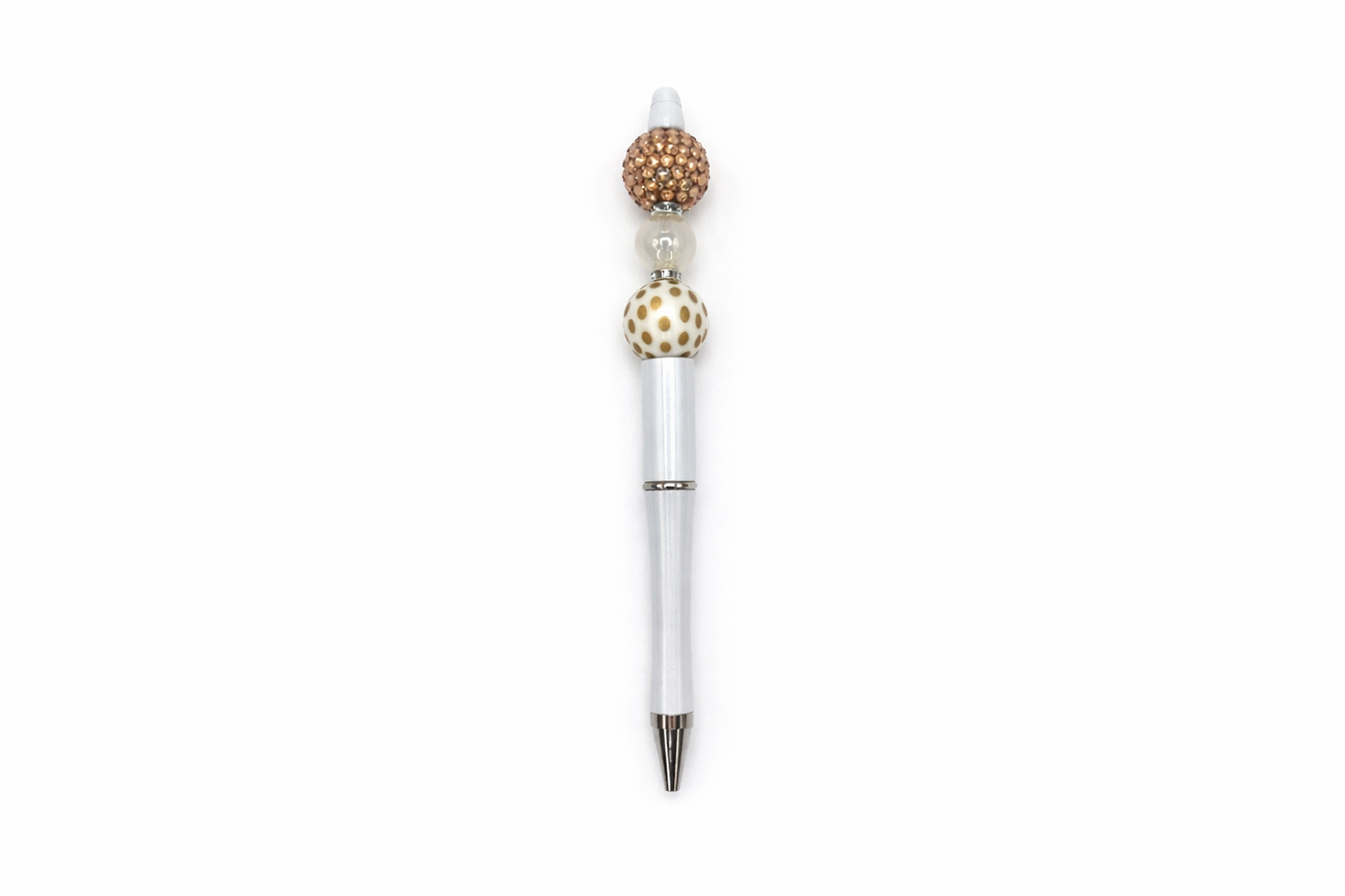 Champagne Dot Sparkle Beaded Pen - Gold Rhinestone & Polka Dot Beads - Refillable White Barrel Pen