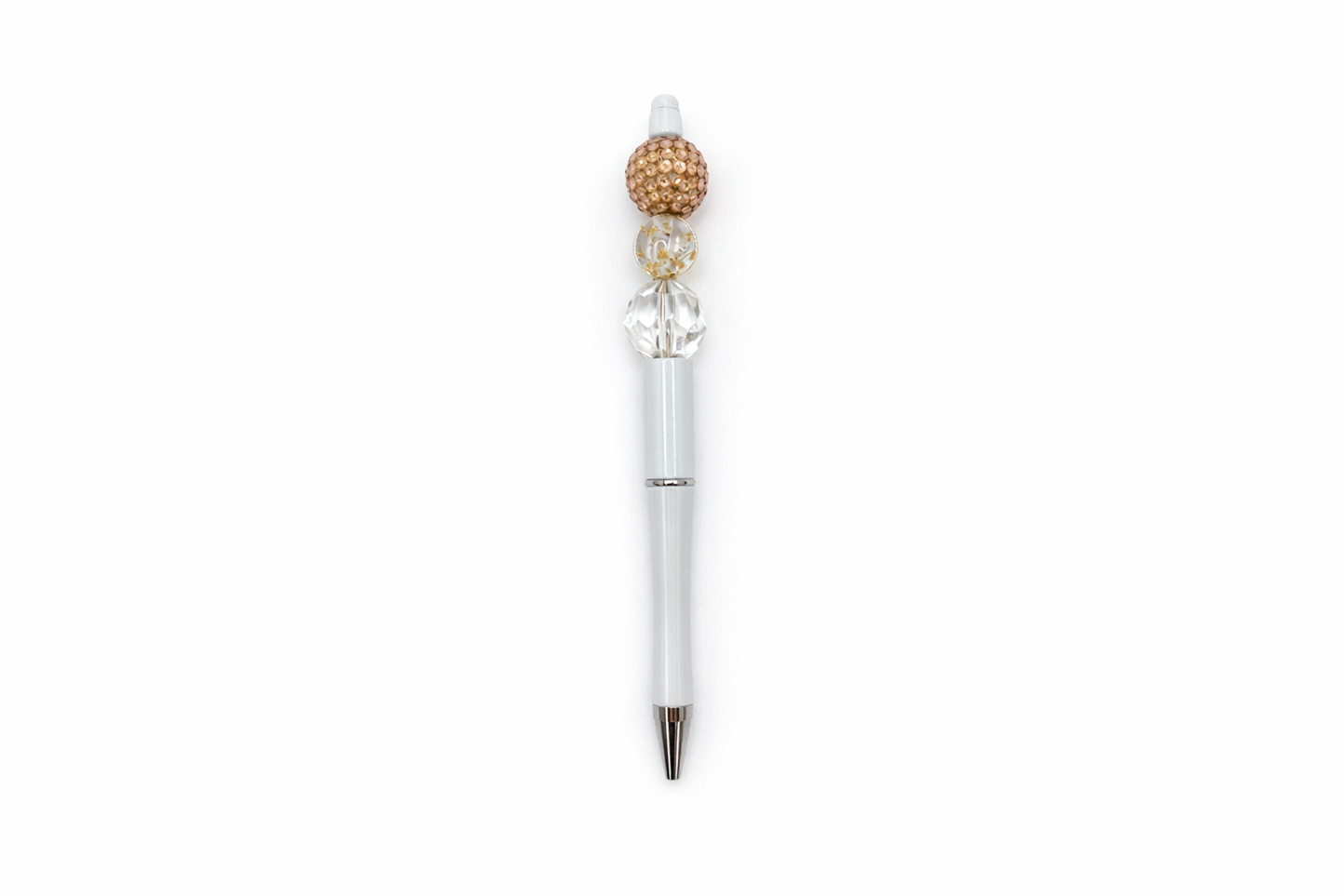 Golden Crystal Luxe Beaded Pen - Gold Rhinestone & Clear Beads - Refillable White Barrel Pen