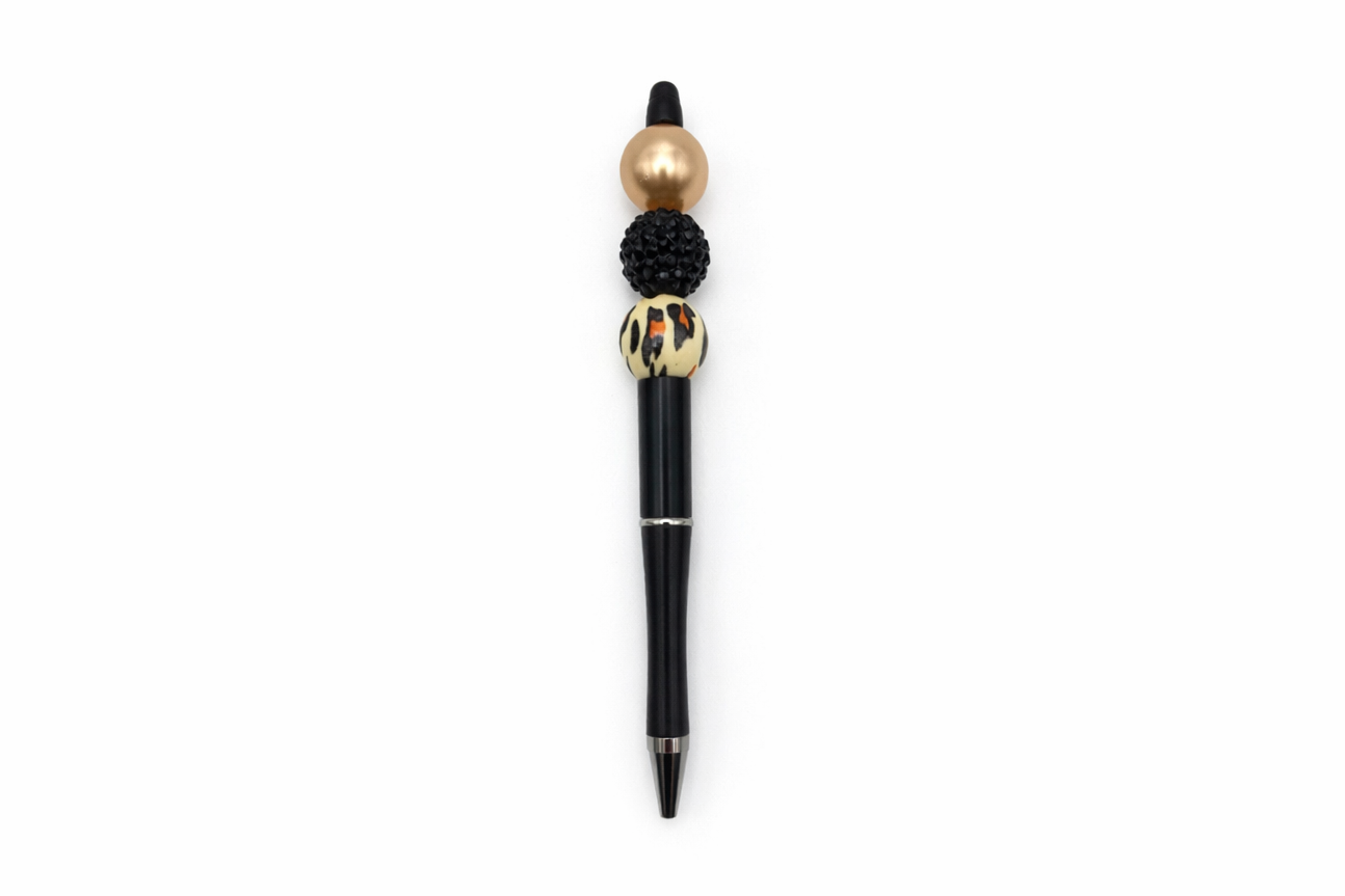 Leopard Gold Glam Beaded Pen - Black Rhinestone & Animal Print Beads - Refillable Black Barrel Pen