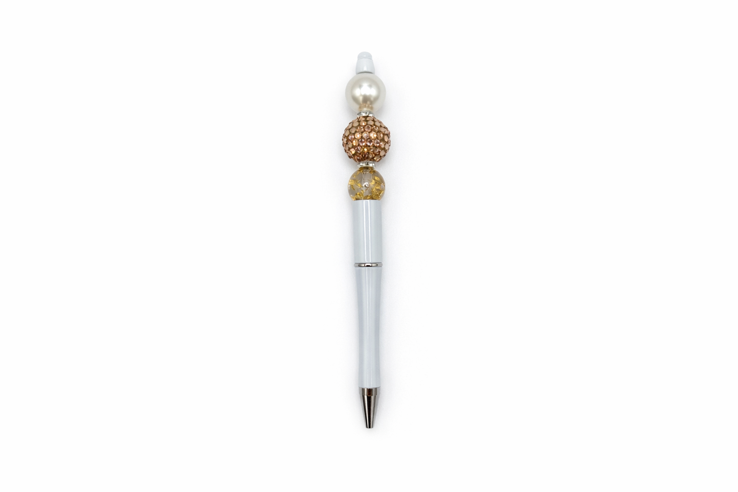 Gold Glam Beaded Pen - Pearl & Rhinestone with Gold Foil Bead - Refillable White Barrel Pen
