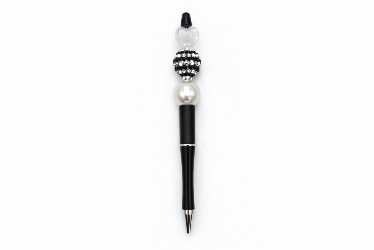 Elegant Heart Beaded Black Barrel Pen – Black & White Rhinestone Pen with Pearl Accent - Classy Sparkle Pen
