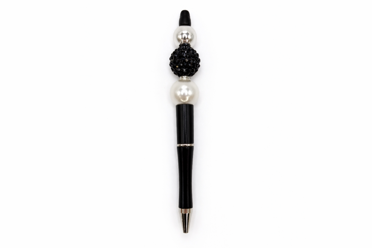 Classic Black & Pearl Beaded Black Barrel Pen – Elegant Rhinestone Pen for Everyday Glam - Luxury Writing Pen