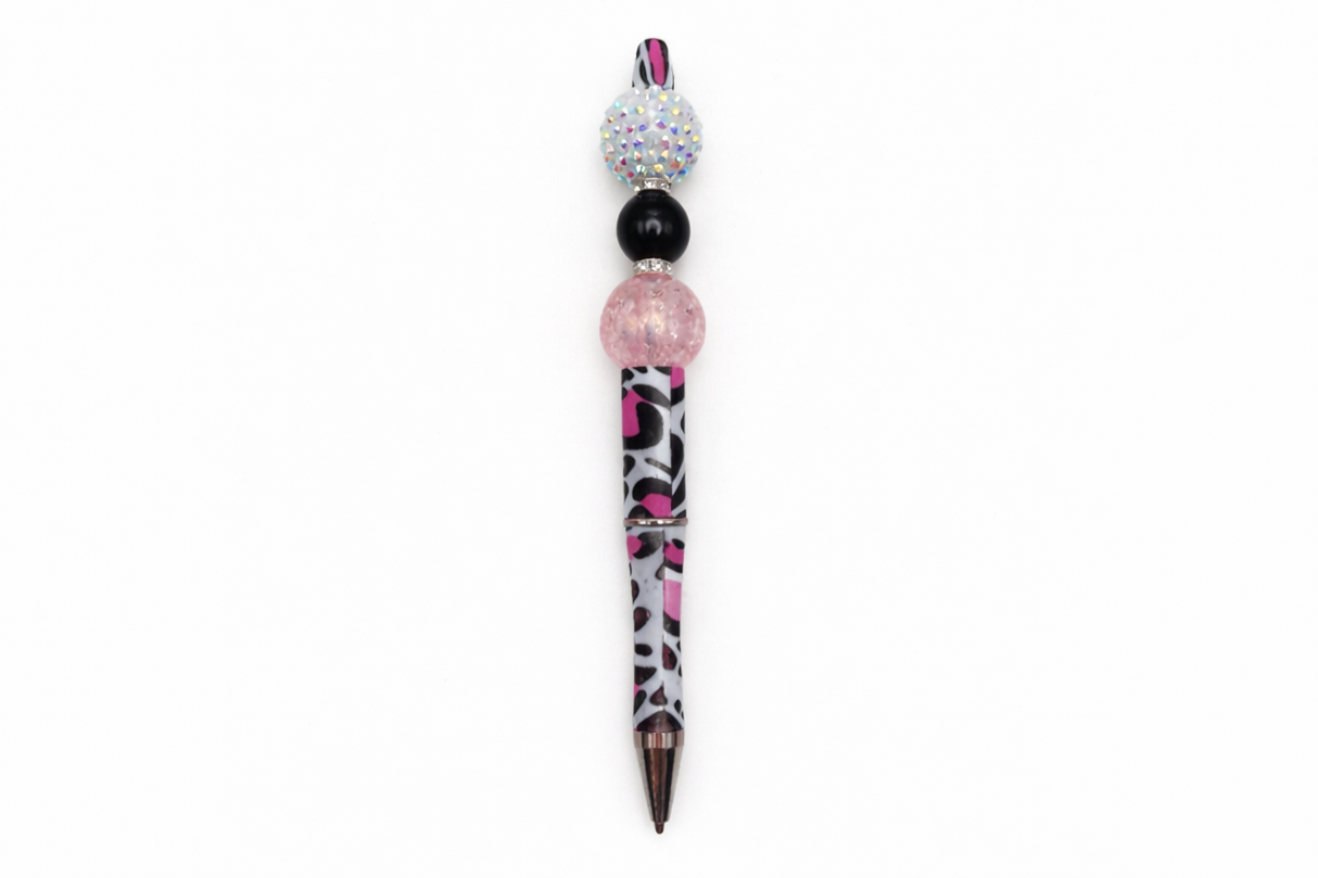 Pink & Black Cow Print Glam Pen – Rhinestone, Glossy Black, and Iridescent Crackle Beads