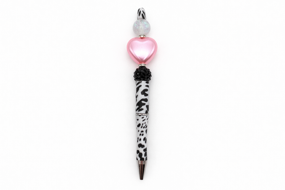 Cow Print Heart Glam Pen – Pink Heart, Shimmer Beads & Black Crystal Accents