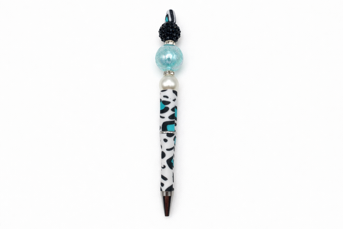 Teal Iridescent Glow & Black Sparkle Animal Print Beaded Pen