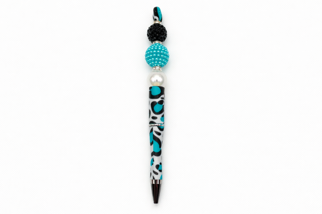 Teal & Black Sparkle Animal Print Beaded Pen | Glam Handmade Pen – Beads & Glimmer