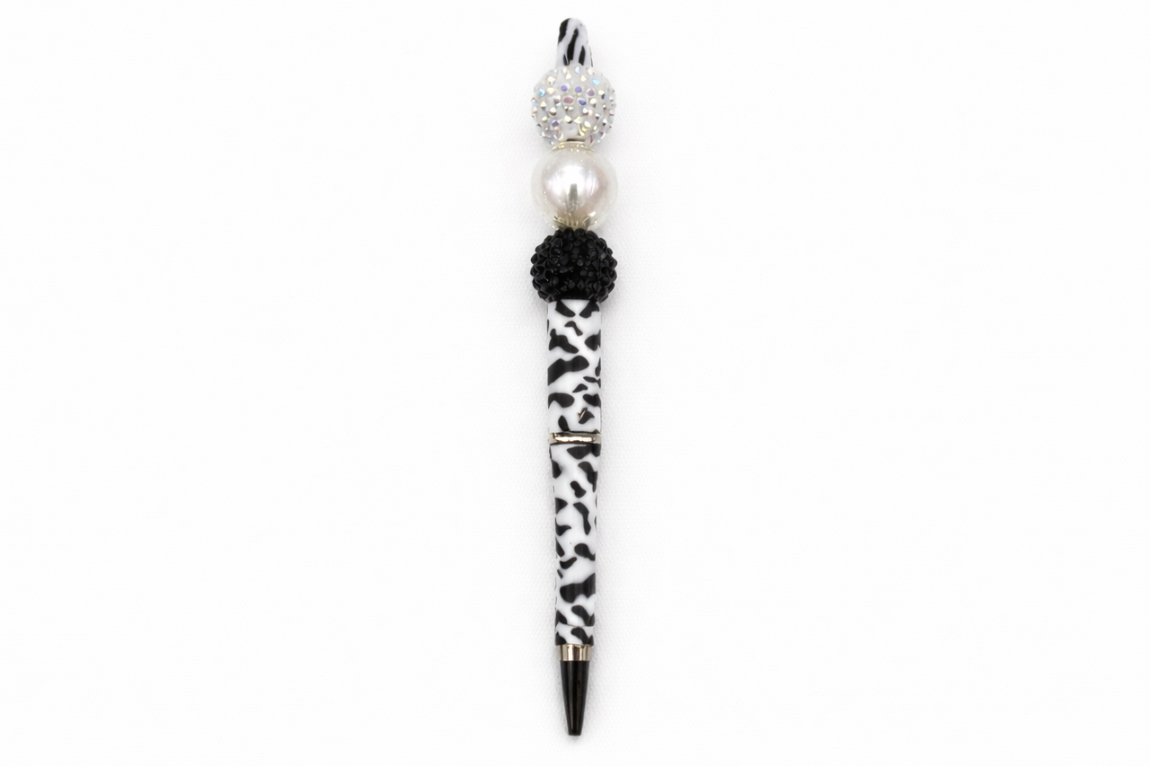 Black & White Sparkle Animal Print Beaded Pen – Glam Rhinestone Pen