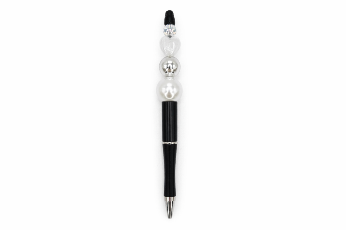Elegant Pearl & Silver Beaded Pen – Heart Accent - Luxury Black & White Sparkle Pen Gift