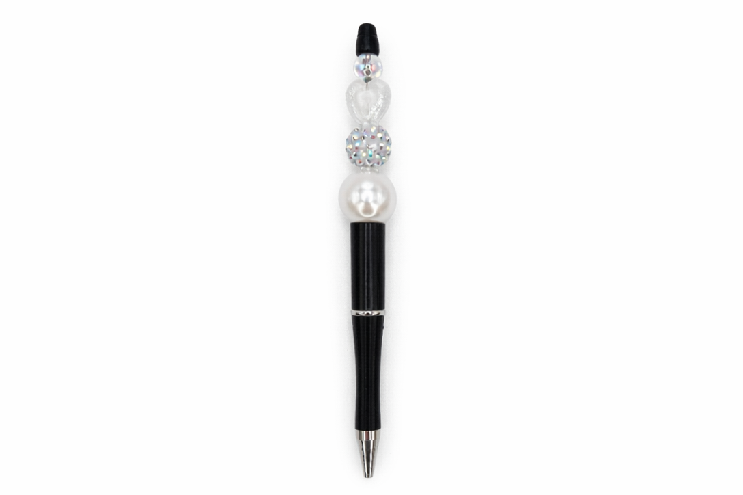 White Pearl & Crystal Beaded Pen – Heart & Rhinestone Accent - Elegant Sparkle Pen Gift