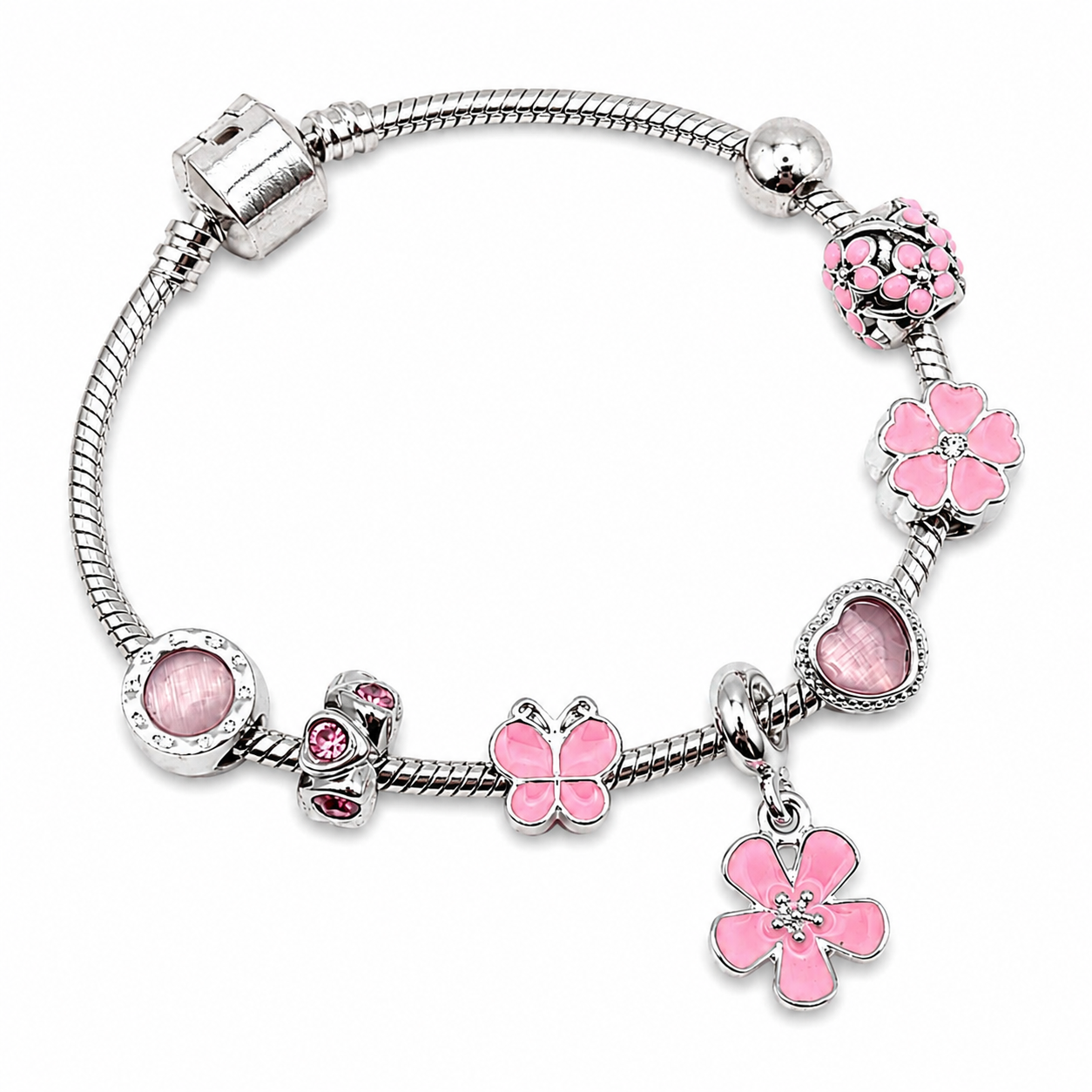 Pink Floral Fashion Charm Bracelet - Elegant Silver Charm Bracelet with Flower & Heart Accents in