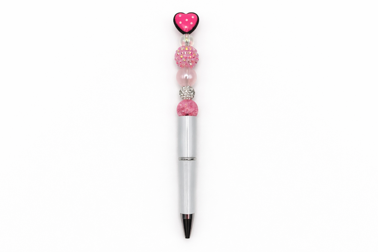 Pink Heart Topper & Rhinestone Beaded Pen with White Barrel