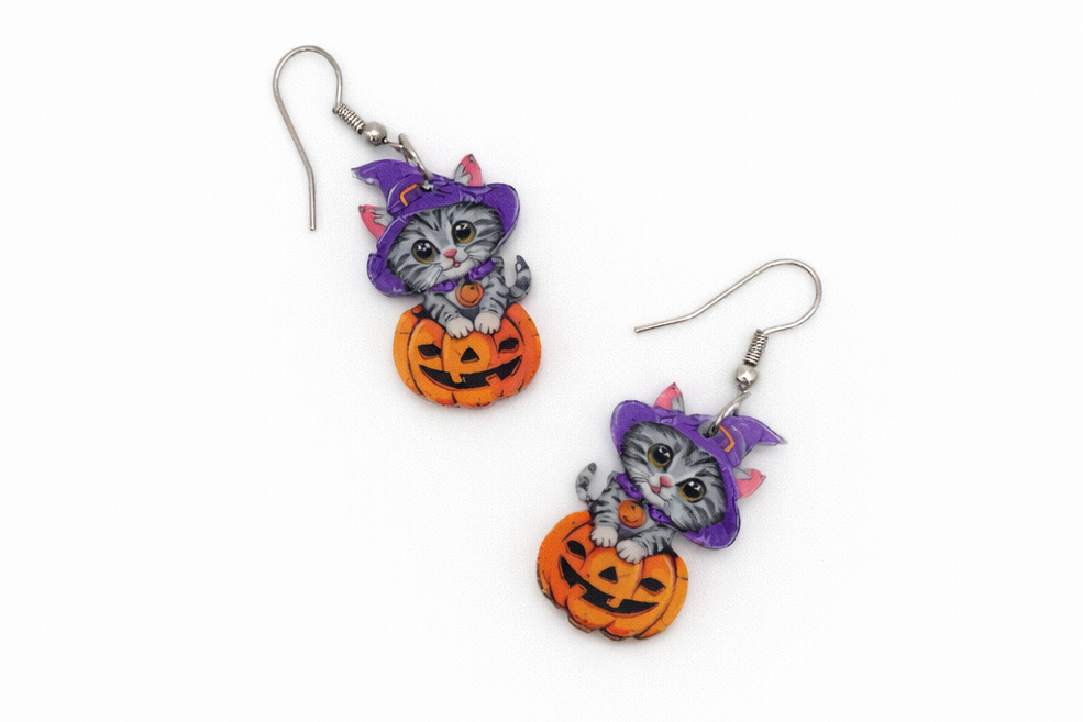 Kitten Pumpkin Acrylic Earrings
