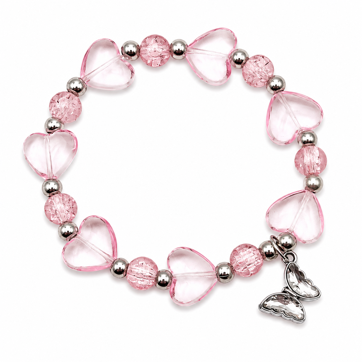 Pink Heart Glass Bead Bracelet with Pink Crackle Beads & Butterfly Charm