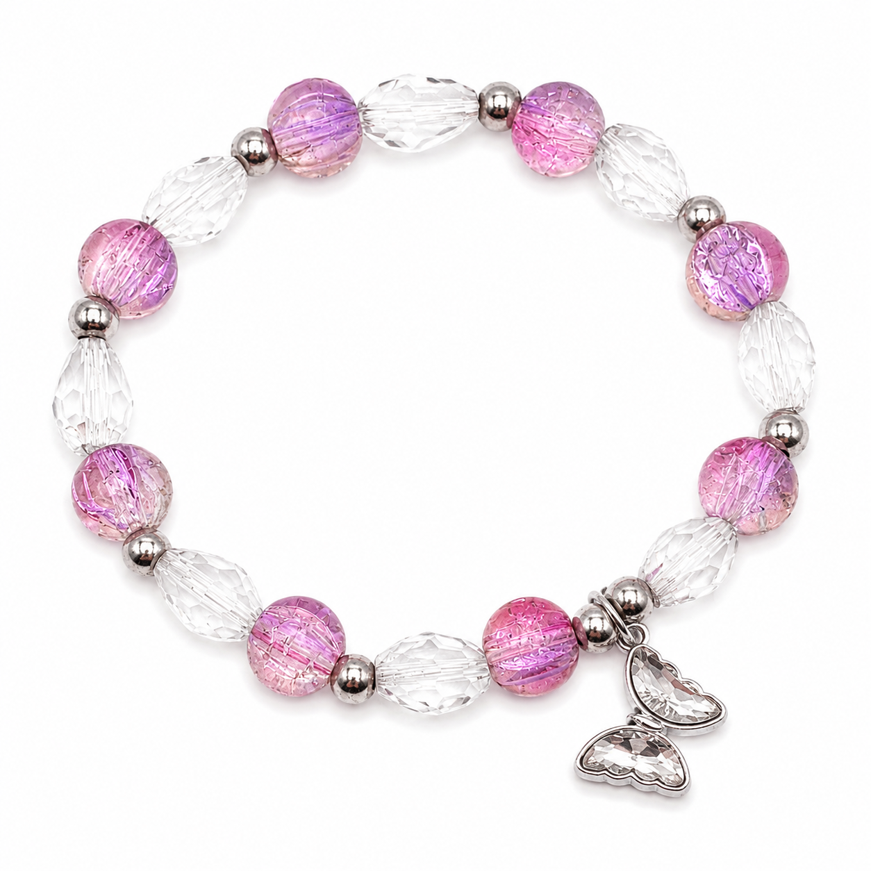 Pink Purple Glass Bead Butterfly Bracelet