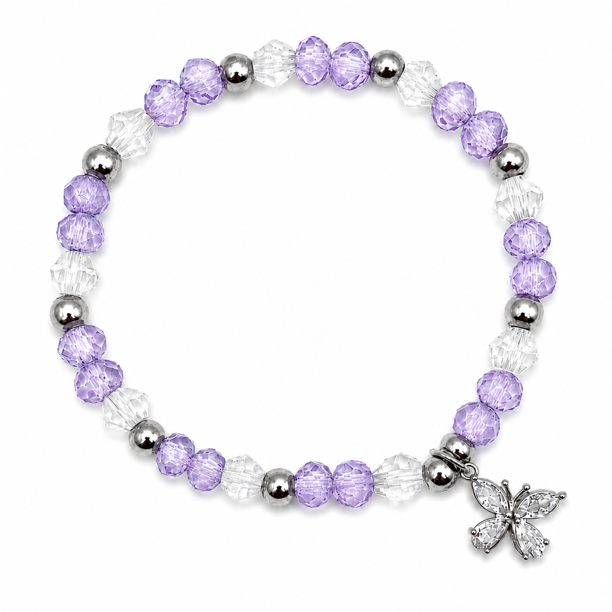 Purple & Clear Crystal Bracelet with Butterfly Charm