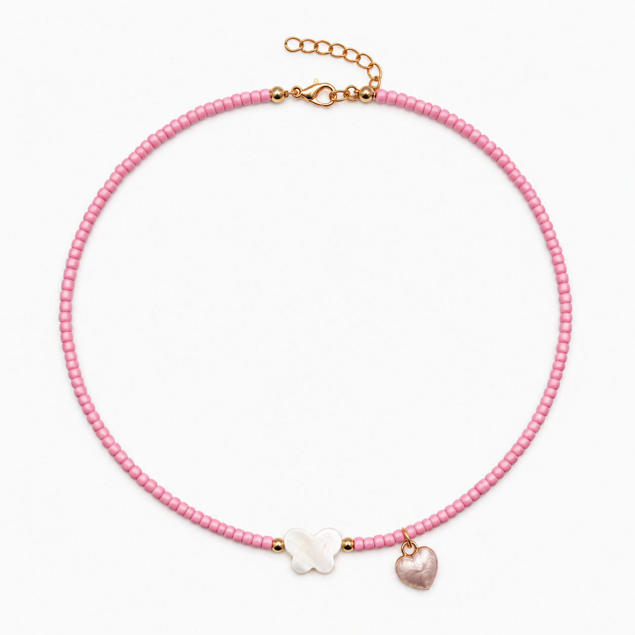 Pink Butterfly Heart Fashion Necklace - Pastel Beaded Charm Necklace