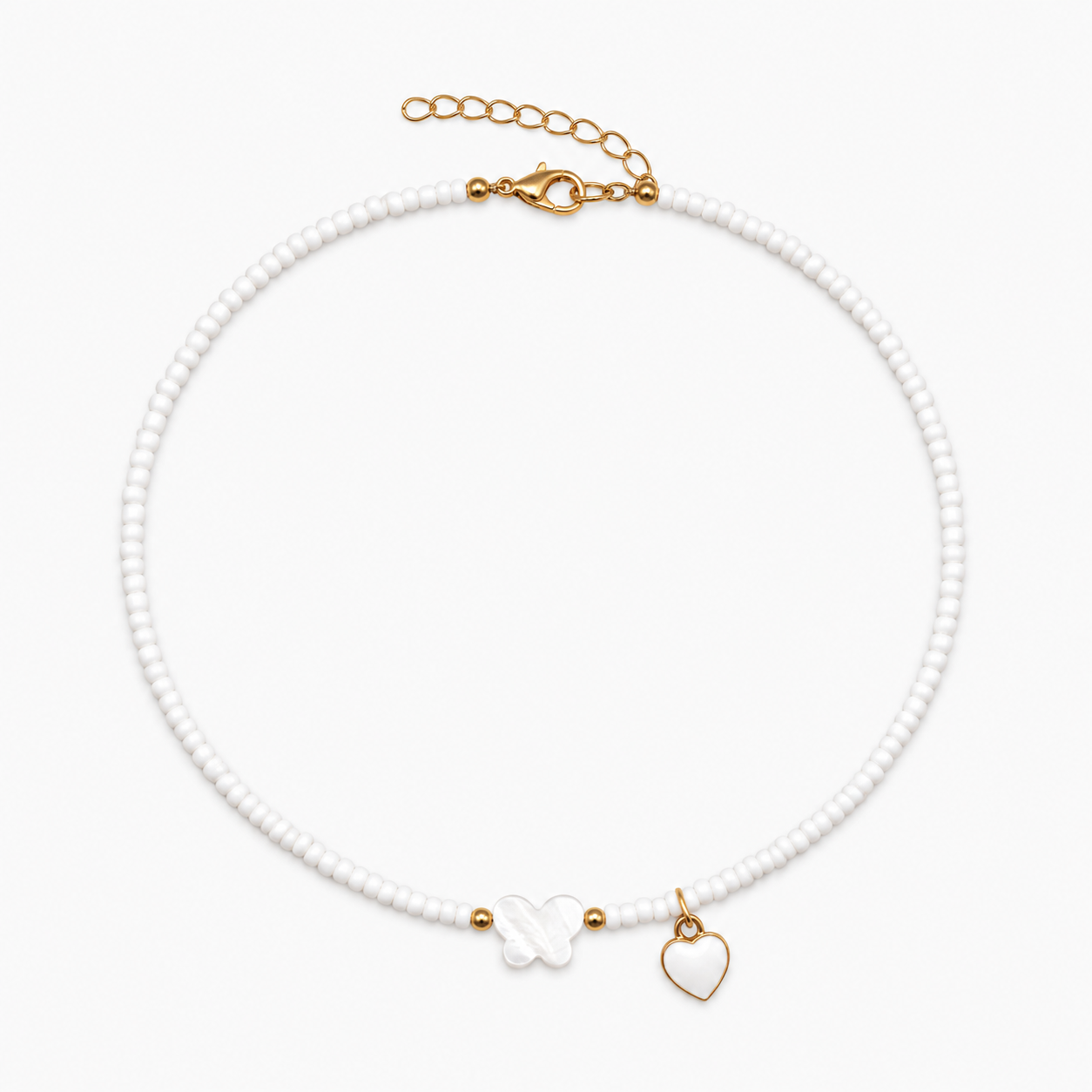 White Butterfly Heart Fashion Necklace - Minimalist Beaded Choker Necklace for Women