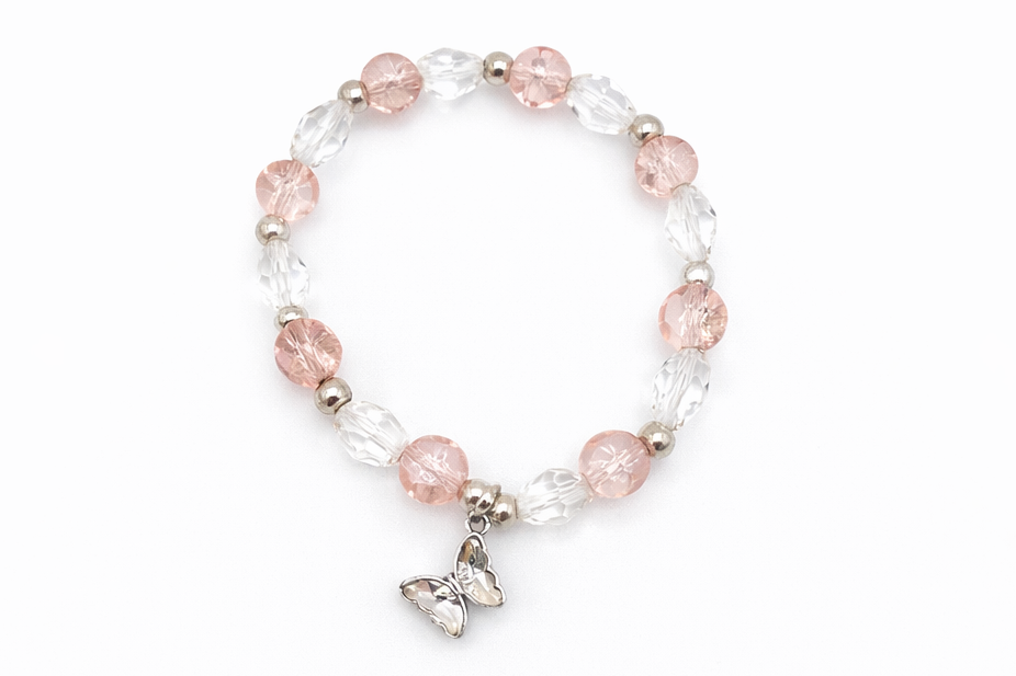 Rose Pink Crackle Glass Bead Bracelet with Clear Faceted Beads & Butterfly Charm