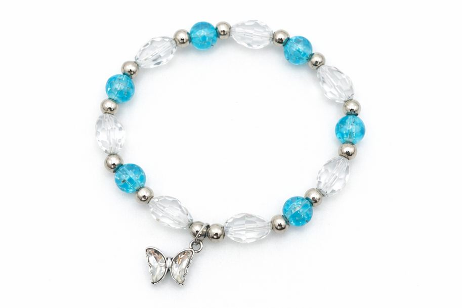 Lake Blue Crackle & Clear Faceted Glass Bead Bracelet with Silver Butterfly Charm