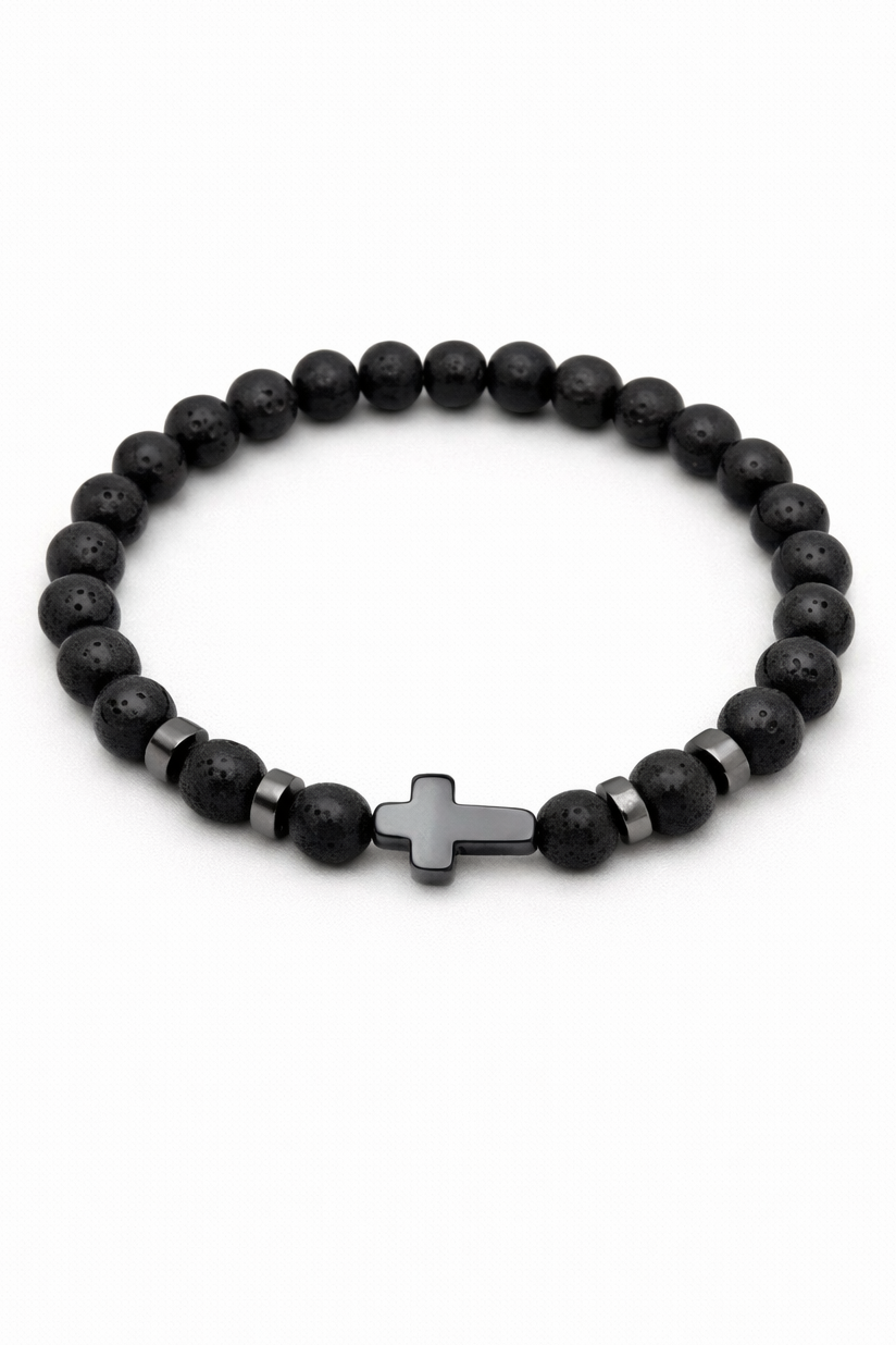 Matte Black Lava Stone with Hematite Cross - 8mm Beaded Stretch Bracelet