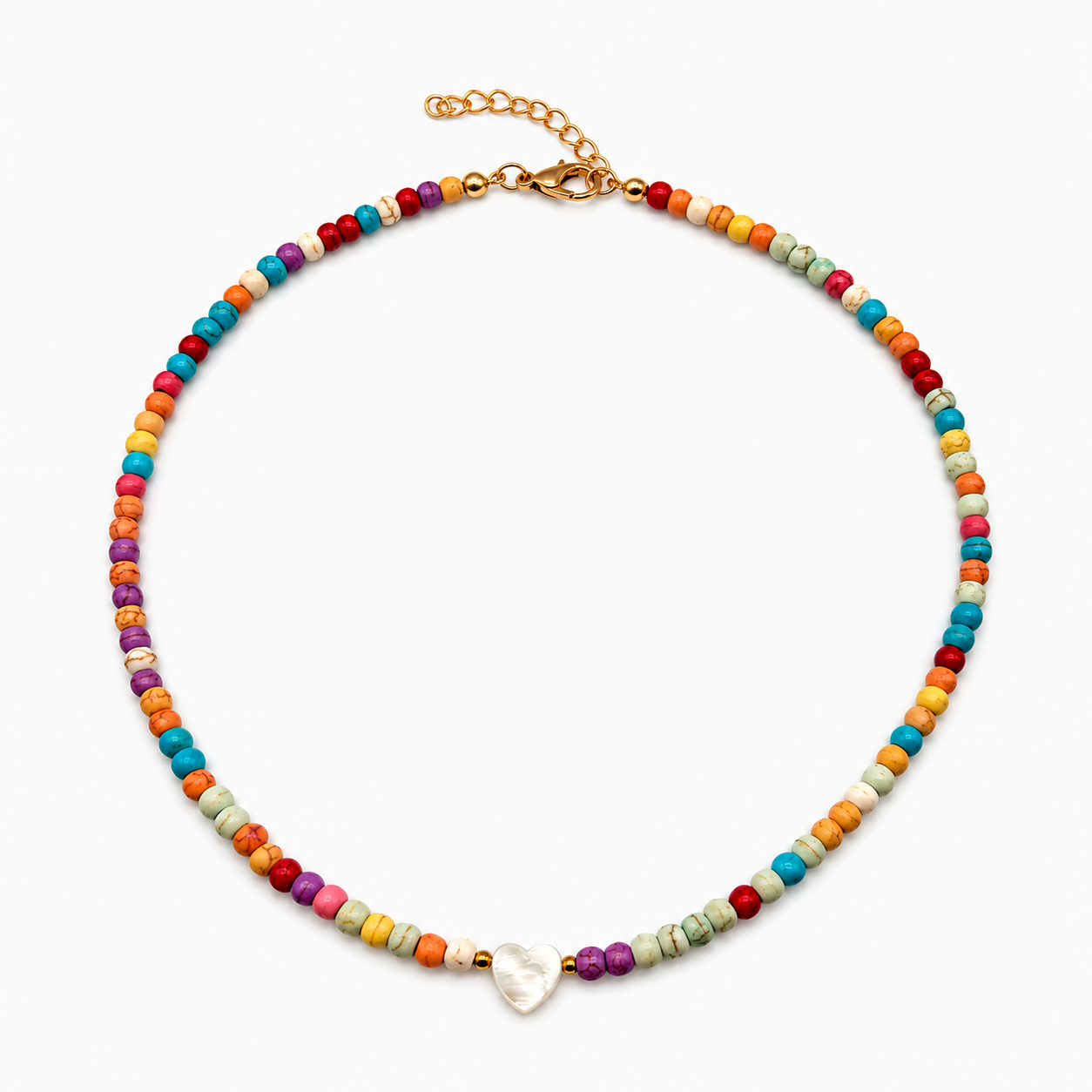 Colorful Heart Beaded Necklace - Multicolor Stone Bead Choker with Mother of Pearl Heart Charm