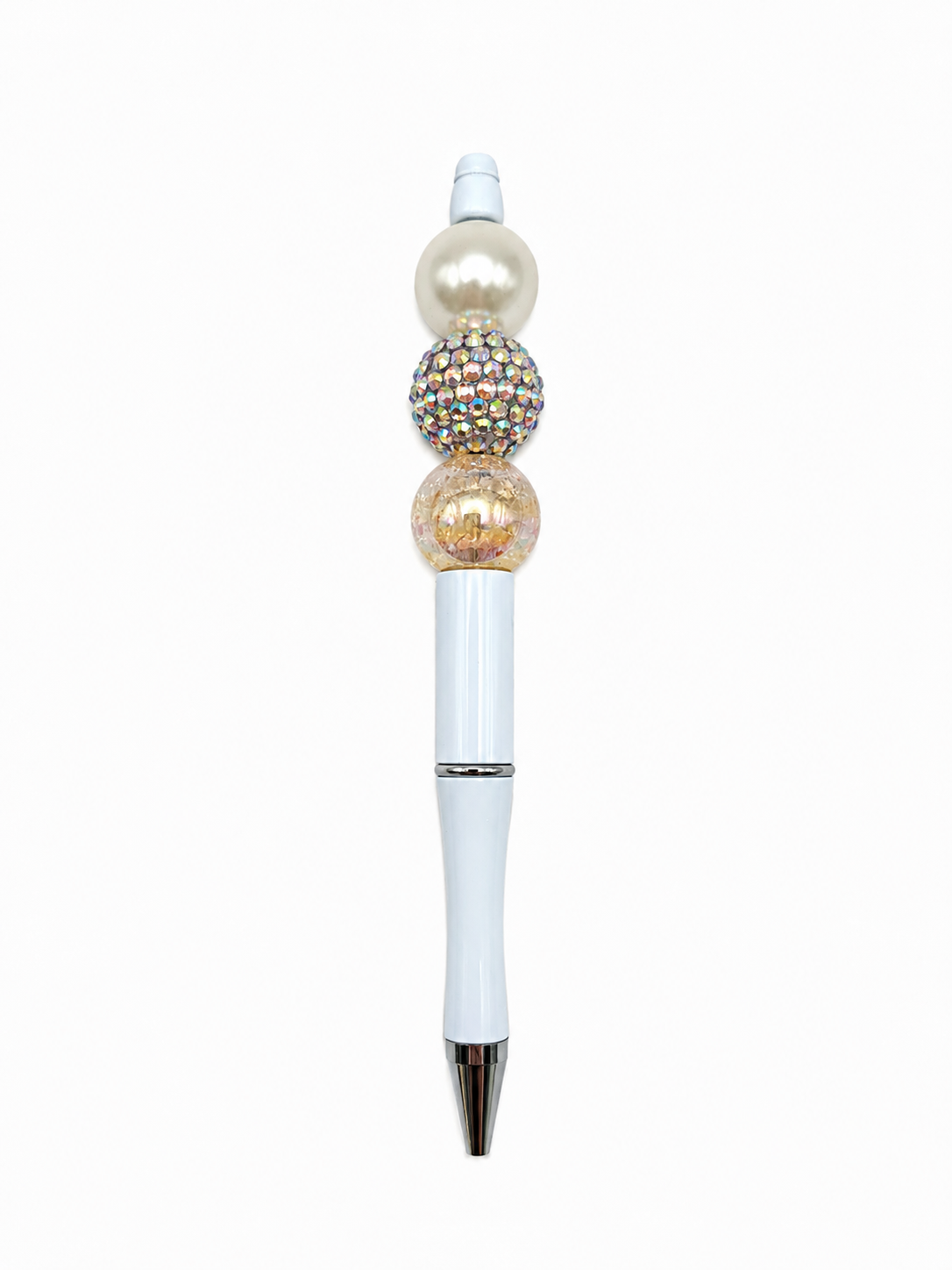 Champagne Pearl Glam Beaded Pen - Gold & Iridescent Sparkle Beads - Refillable White Barrel Pen