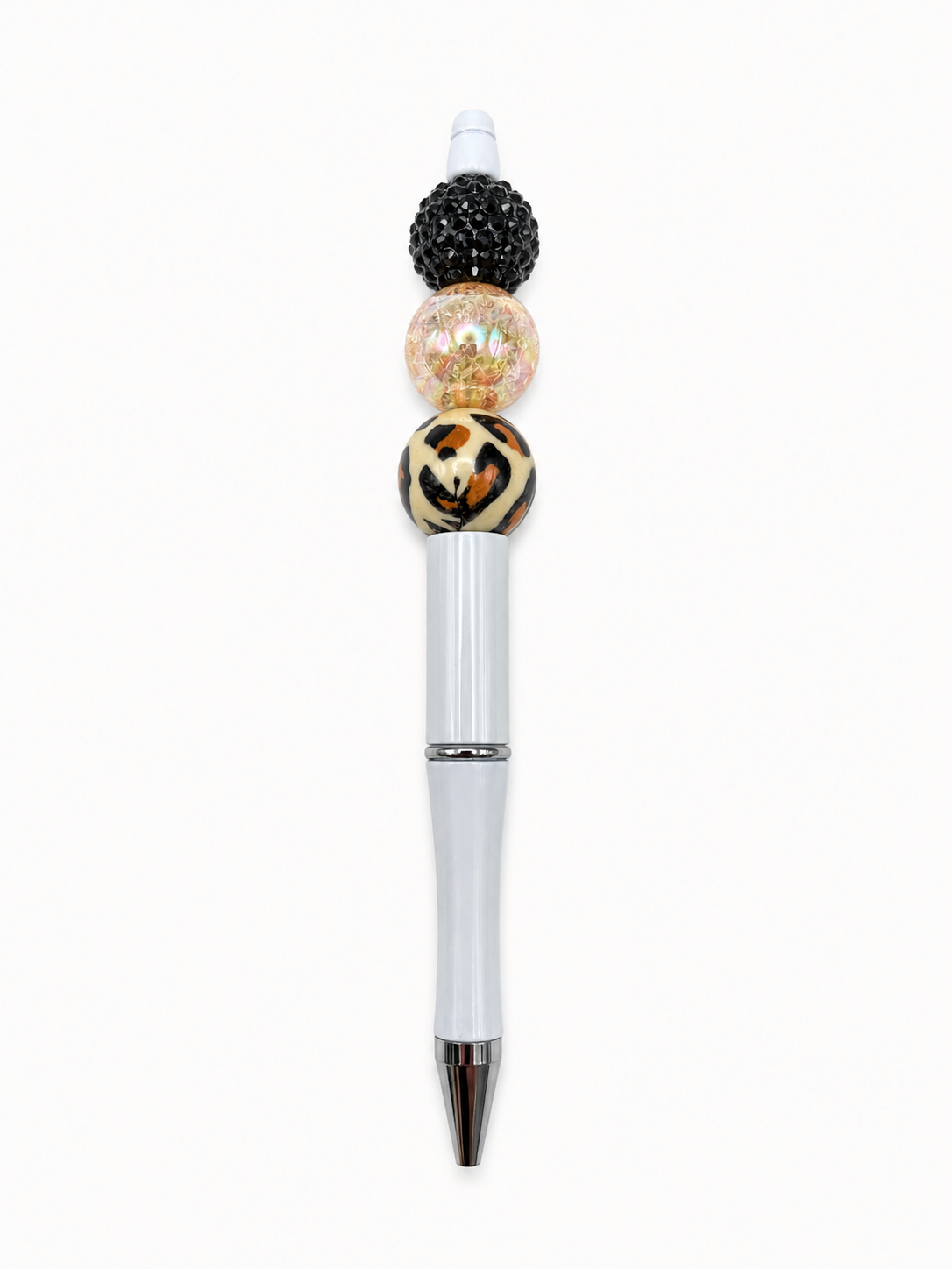Chic Leopard Gold Sparkle Beaded Pen - Black & Gold Beads - Refillable White Barrel Pen