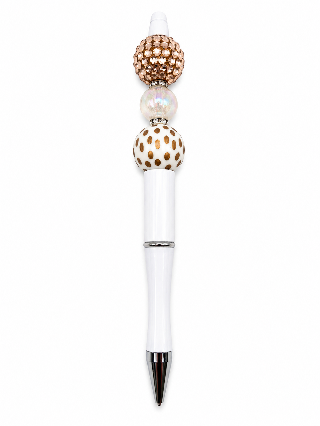 Champagne Dot Sparkle Beaded Pen - Gold Rhinestone & Polka Dot Beads - Refillable White Barrel Pen
