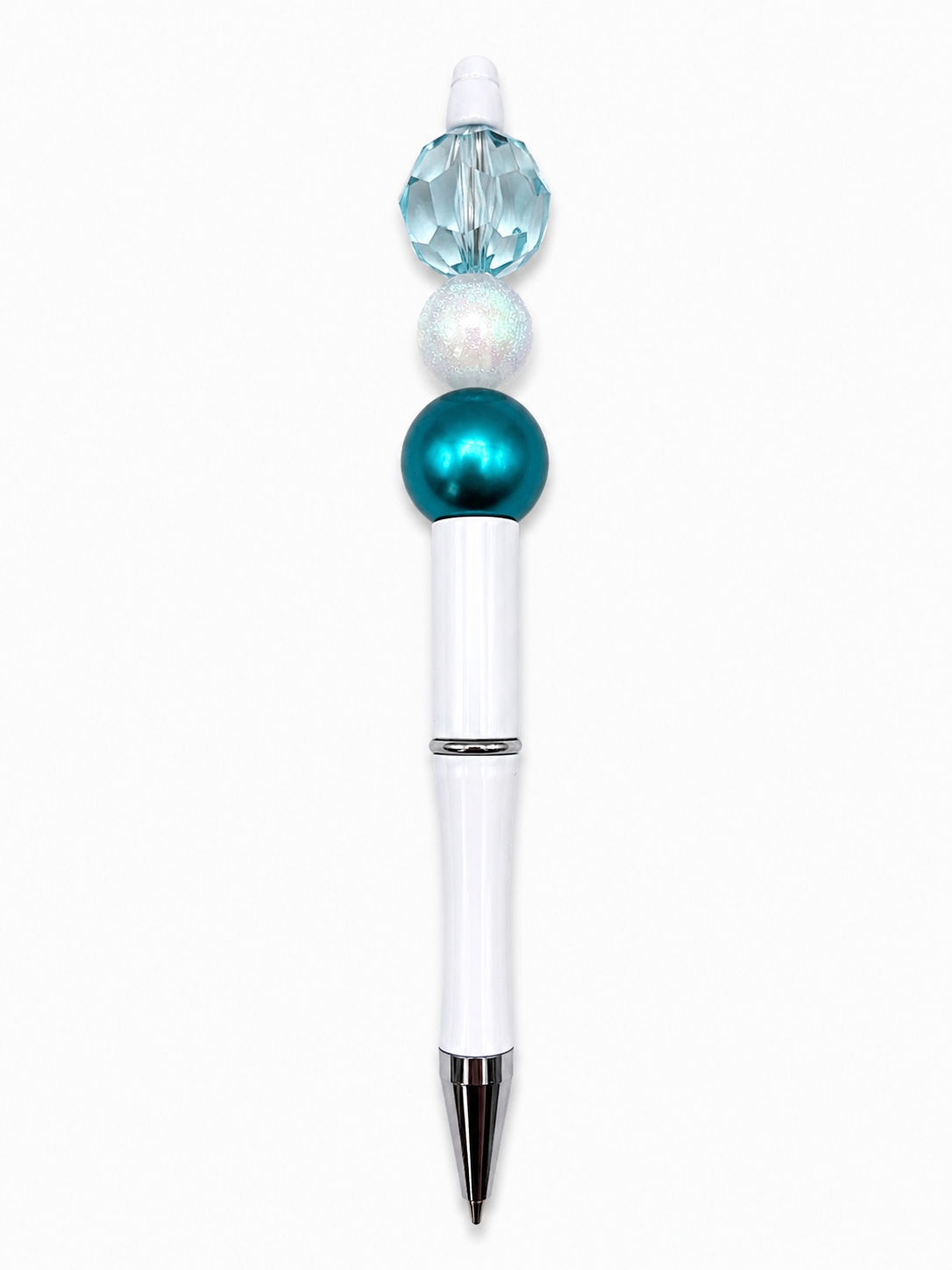 Ocean Breeze Beaded Pen – Teal & White Sparkle Beads with White Barrel