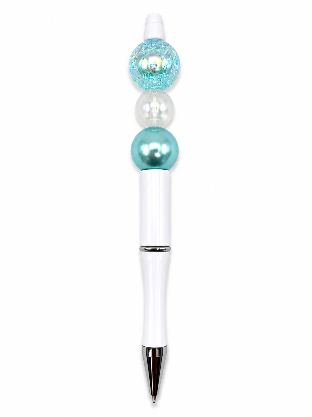 Mermaid Glow Beaded Pen – Iridescent Teal & Sparkly Beads - Coastal Chic Writing Pen with White Barrel