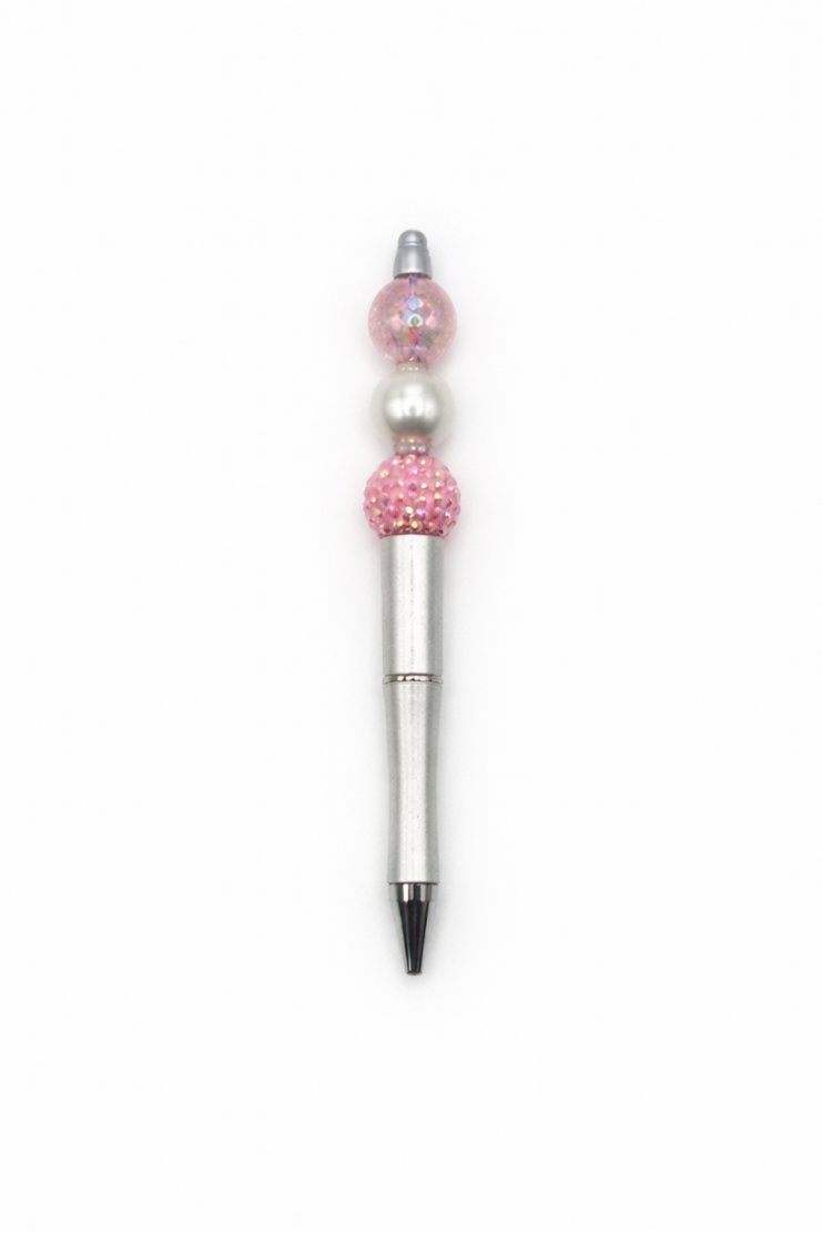 Pink Crystal Dream Pen – Crackled Glass, Silver Pearl & Sparkle Rhinestone Beads on Silver Barrel