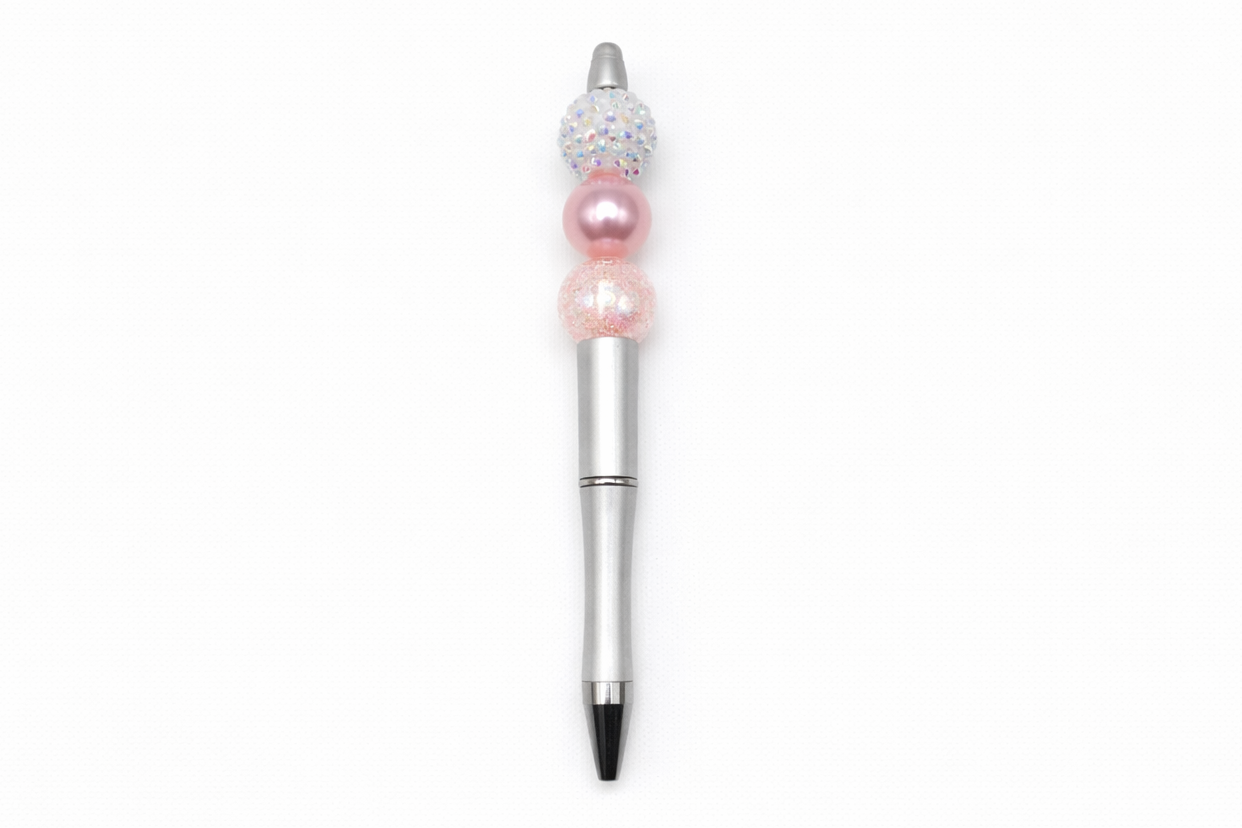 Silver Blush Elegance Pen – Iridescent Rhinestone, Pink Pearl & Cracked Glass Beads on Silver Barrel