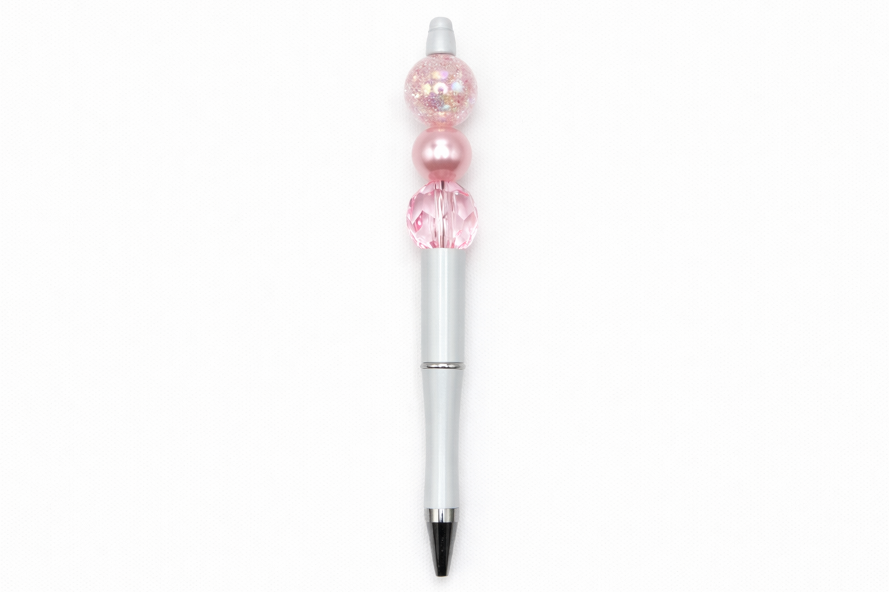 Pink Dream Pen – Soft Pearl, Cracked Glass & Faceted Crystal Beads on White Barrel