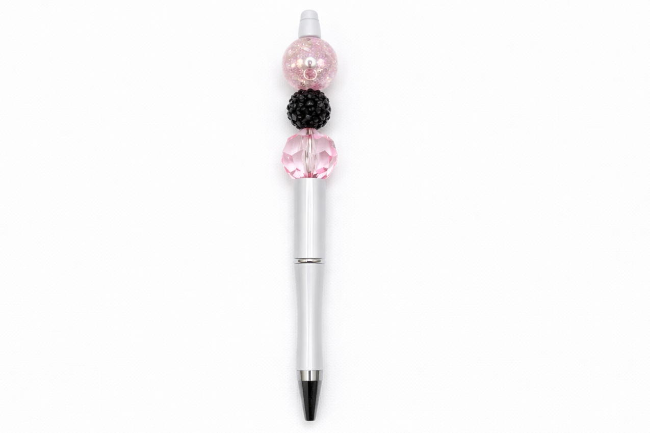 Soft Rose Glam Beaded Pen - Pink & Black Sparkle - Refillable White Barrel Pen