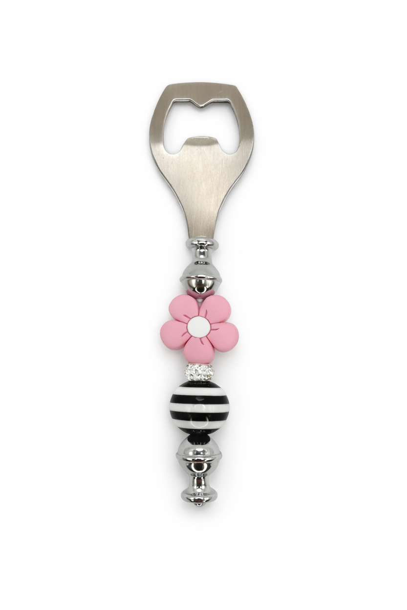Pink Flower Stripe Bead Bottle Opener – Handmade Cute Bar Accessory