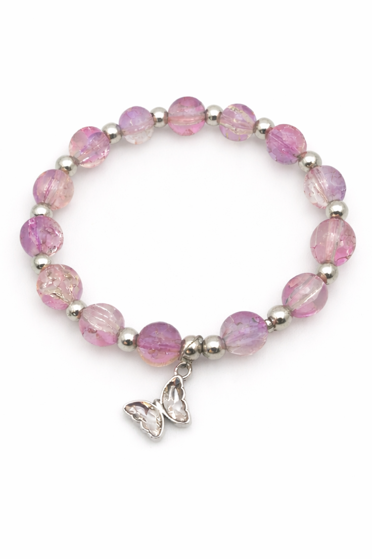 Purple Gradient Glass Beads Bracelet with Metal Spacers & Butterfly Charm