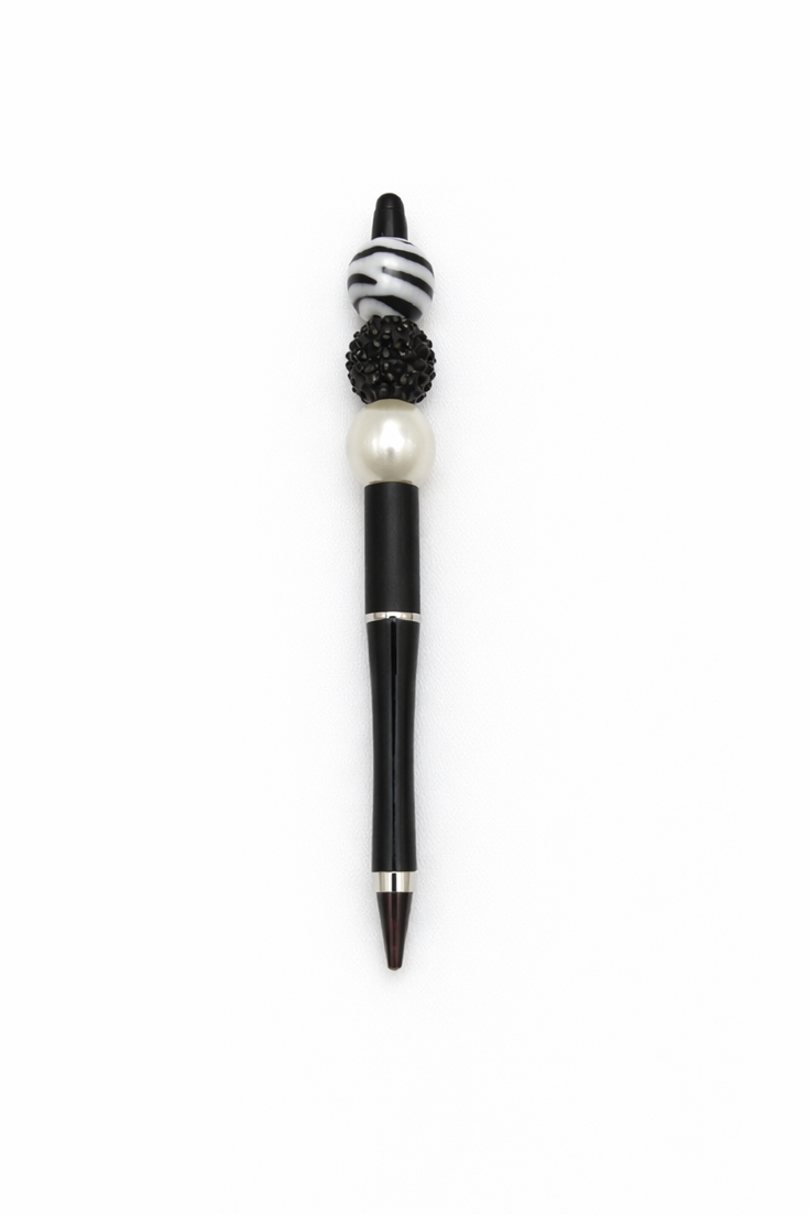 Zebra Luxe Beaded Pen – Black & White Sparkle Pen with Pearl Accent
