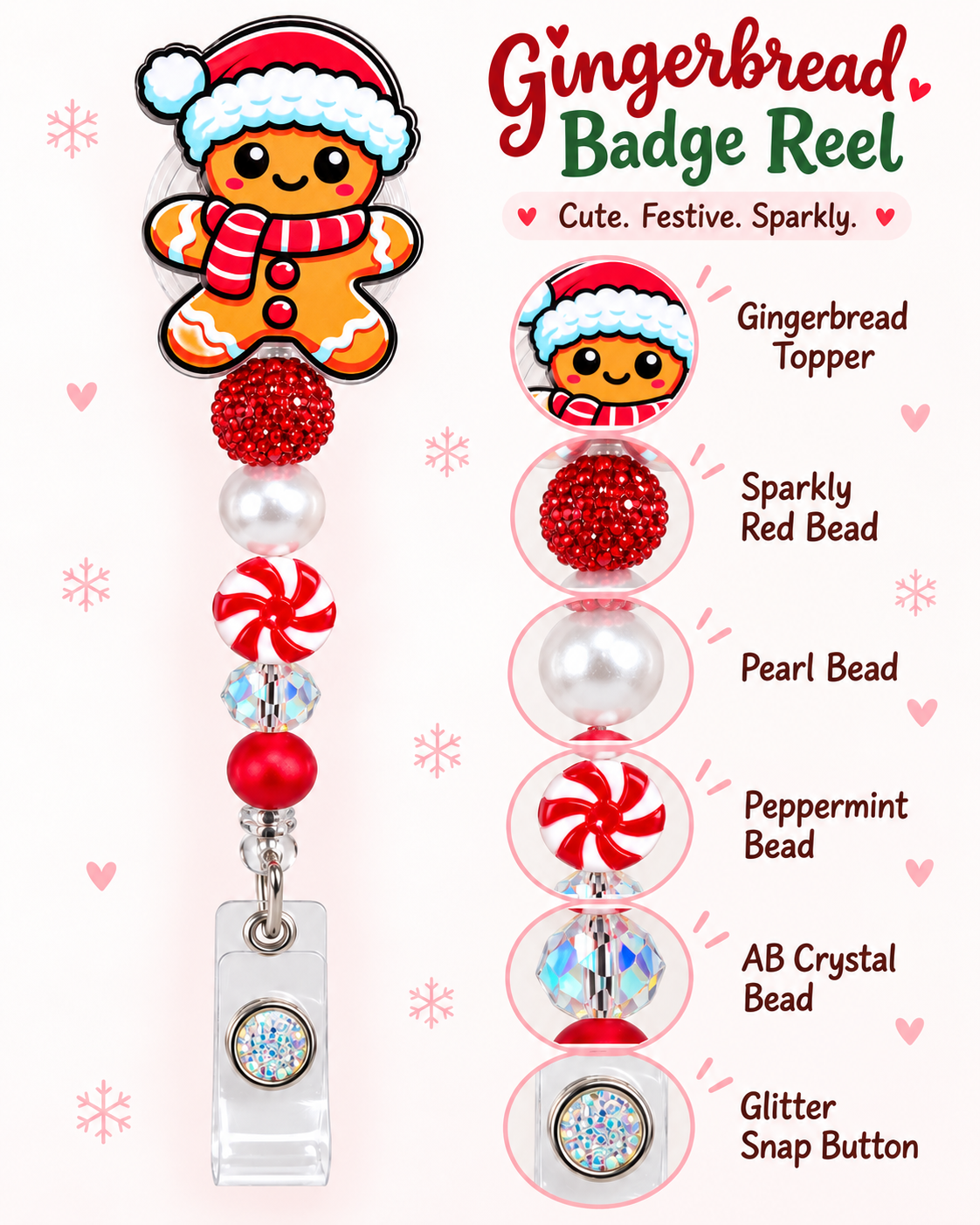 Christmas Gingerbread Beaded Badge Reel with Peppermint Candy